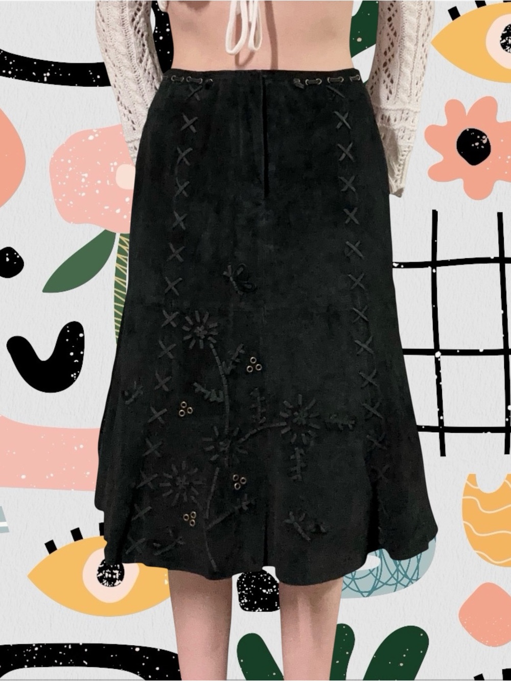 For Joseph | Vintage Y2K Genuine Leather Suede Floral Embroidered Skirt